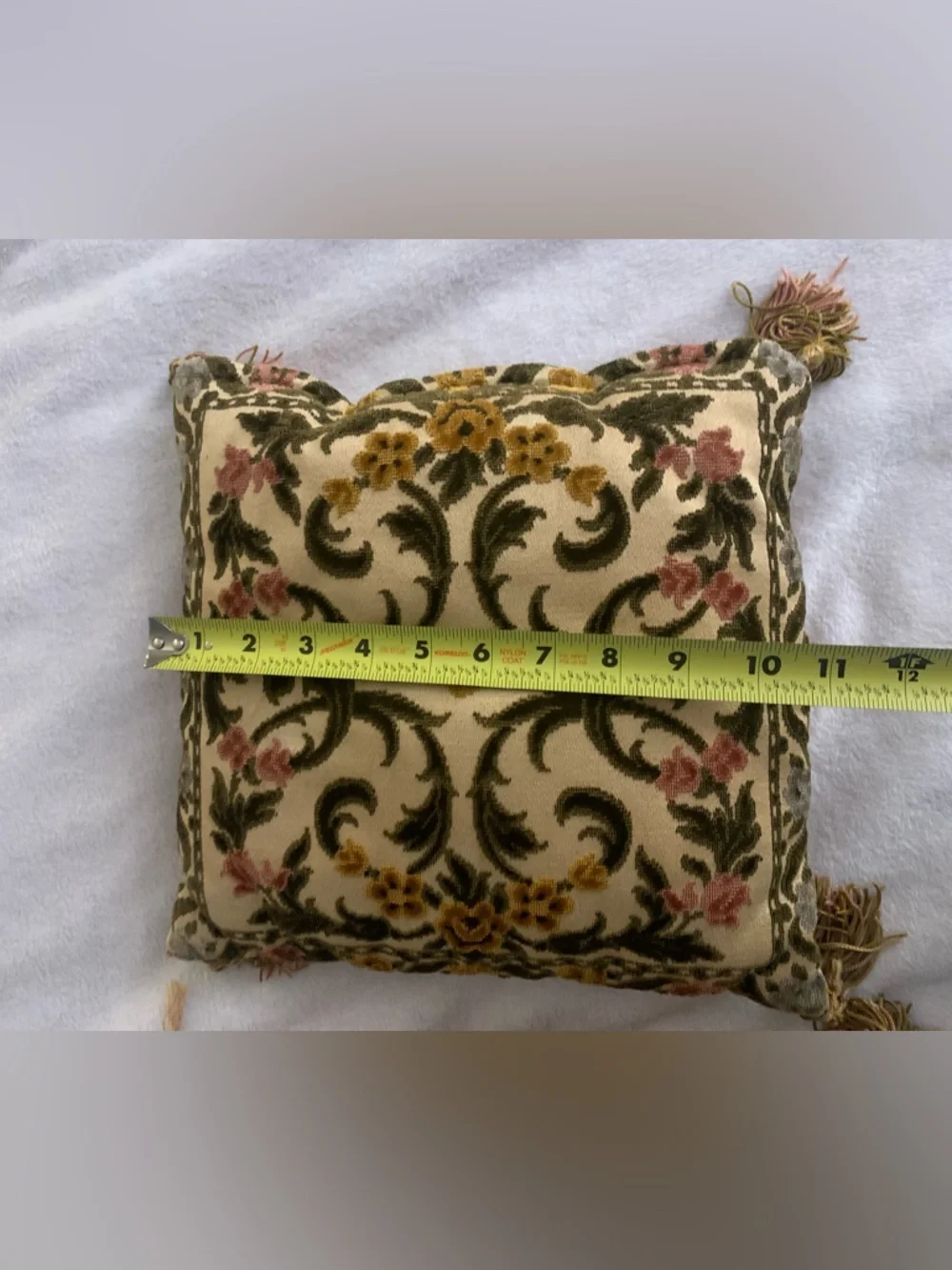 Antique Velvet Damask Floral Throw Pillows with Tassel Trim approx 10 x 10